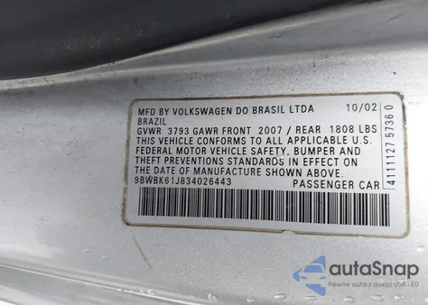 2003 Volkswagen Golf Gl/Gl 2.0L z USA, uszkodzony, nr VIN 9BWBK61J834026443